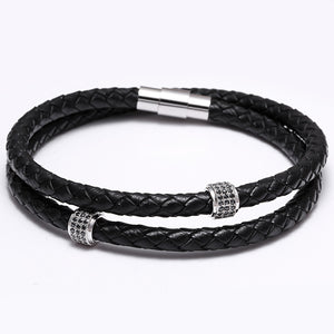 Bracelets Stainless Steel Black Leather Bracelet Double Layer
