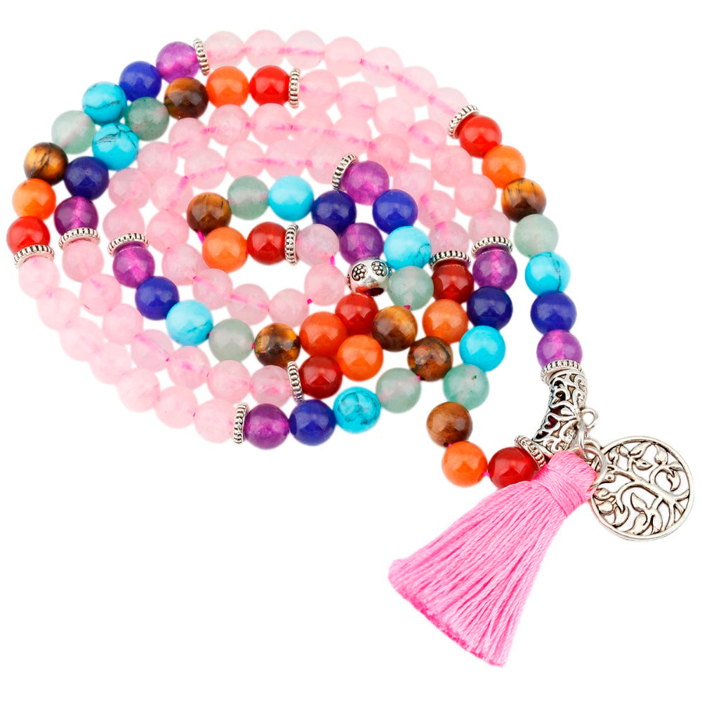 Pink Crystal Quartz 7 Chakra 108 Mala Beads Prayer Stones Bracelet Necklace